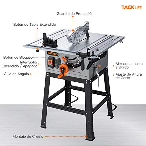 TACKLIFE Sierra de Mesa 2000W 4800RPM, Corte en Bisel a 0-45º, Sierra Circular de Mesa con Soporte, Mesa de Corte eléctrica con Topes Paralelos, Hoja de 24T 255mm, Mesa de Extensión - MTS01A