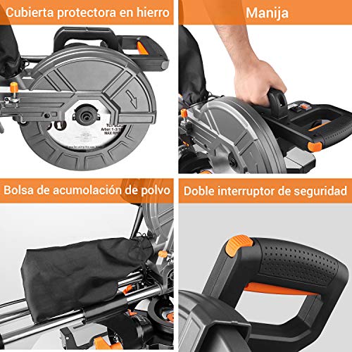 TACKLIFE Sierra Ingletadora 2000W, 3200 / 4500RMP Doble Velocidad, Sierra Telescópica Versatil con Guía Láser, 3 Cuchillas, Corte en Bisel, Mesa de Extensión, Bolsa para Virutas - EMS01A