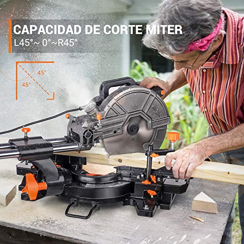 TACKLIFE Sierra Ingletadora 2000W, 3200 / 4500RMP Doble Velocidad, Sierra Telescópica Versatil con Guía Láser, 3 Cuchillas, Corte en Bisel, Mesa de Extensión, Bolsa para Virutas - EMS01A