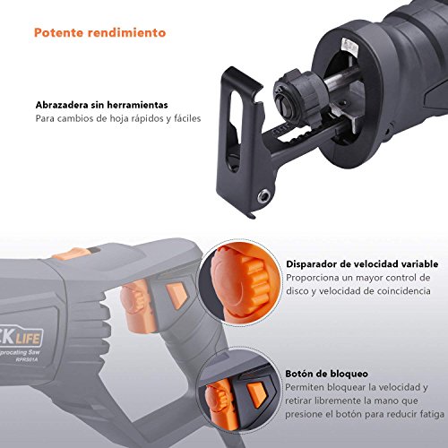 TACKLIFE Sierra Sable, 850W, 0~2,800SPM, Manija Giratoria (Izquierda y Derecha 90º), Gatillo de Velocidad Variable, 2 Hojas (Madera 6T HCS, Metal 14T BIM), Caja de Transporte/ RPRS01A