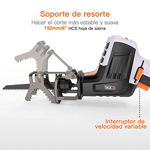 TACKLIFE Sierra Sable de 12- Volt, con Batería de Litio de 1500mAh, Incluye Una Abrazadera de Sujeción, Velocidad Regulable, Indicador de Batería, Cargador Rápido de Una Hora