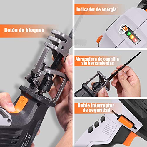 TACKLIFE Sierra Sable Inalámbrica de 12- Volt Máximo, con Batería de Litio de 1500mAh-Indicador de Batería, Cargador Rápido de Una Hora, Velocidad Regulable, Una Abrazadera de Sujeción - RES001