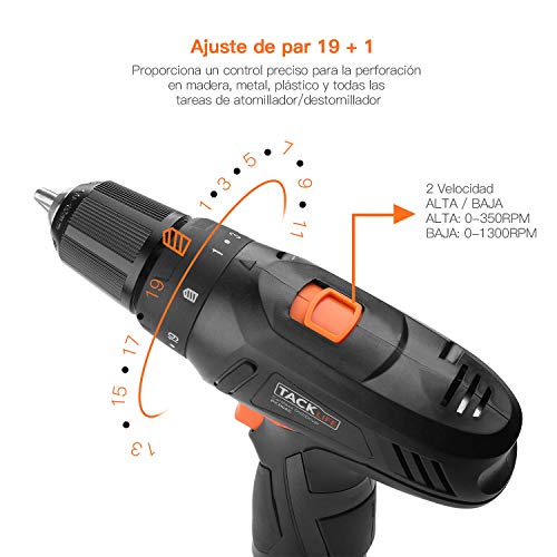 Taladro Atornillador 12V, Tacklife PCD02C Destornillador Eléctrico, 2 Velocidad, 19+1 Ajuste de Par, Portabroca Automatico, Bateria de Litio 2000mAh