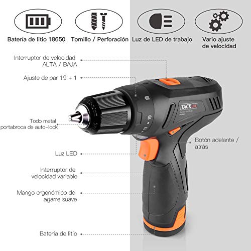 Taladro Atornillador 12V, Tacklife PCD02C Destornillador Eléctrico, 2 Velocidad, 19+1 Ajuste de Par, Portabroca Automatico, Bateria de Litio 2000mAh