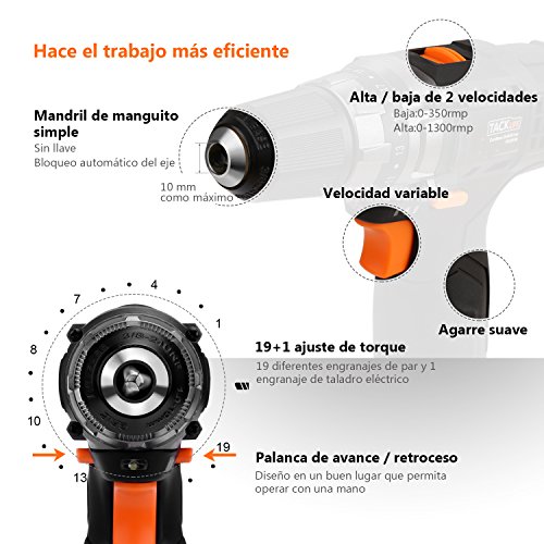 Taladro Atornillador 12V, Tacklife PCD03B Destornillador Eléctrico, 19 + 1 con Selección de Marcha, 2x Batería Recargable de iones de Litio 2000mAh