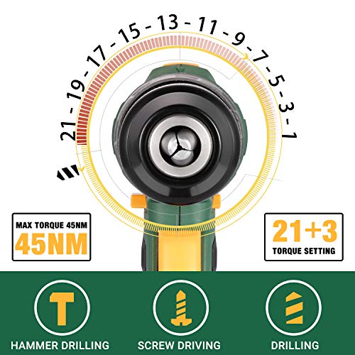 Taladro Atornillador 18V, POPOMAN Taladro Percutor a Batería, 105PCS accesorios, 2 Baterías 2.0Ah, 2 Velociadades ajustables, Par 45N.m, 21+3 Ajuste de par, con Cargador, Caja Compacta-BHD700B