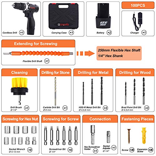 Taladro Atornillador 2 Baterías, GOXAWEE 100Pcs Kit Taladro Bateria/Destornillador Eléctrico (2 Baterías de Litio 1500mAh, 30N.m Par Máx, 2 Velocidades, 10mm Portabrocas Automático)