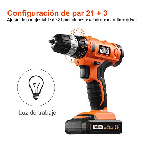 Taladro Atornillador 20V, LOMVUM Taladro con Percusión de Función, 2 * 2,0Ah Batería de Litio,Maxima Torsión 33N.m, Luz LED, 1h Carga Rápida, 27 Accesorios