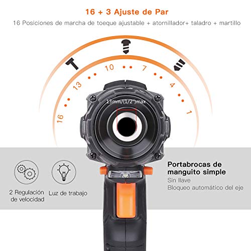 Taladro Atornillador TACKLIFE PCD04C 18V, 2.0Ah de Litio, 13mm Mandril Automática, 2 Velocidades, 16 Configuraciones, 3 Posiciones Taladrado, Atornillado, Percusión