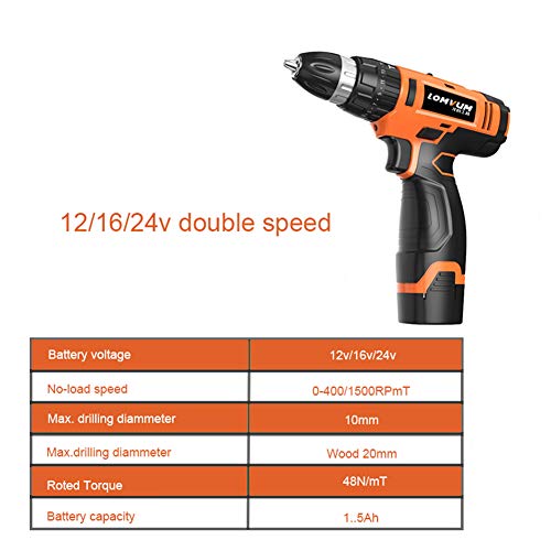 Taladro Inalámbrico Destornillador Eléctrico De 12/16/24 V Par Máximo 45 Nm, Herramientas De Carpintería De Bricolaje De 2 Velocidades Con 2 Baterías De Iones De Litio Y Luz LED,12B 1B