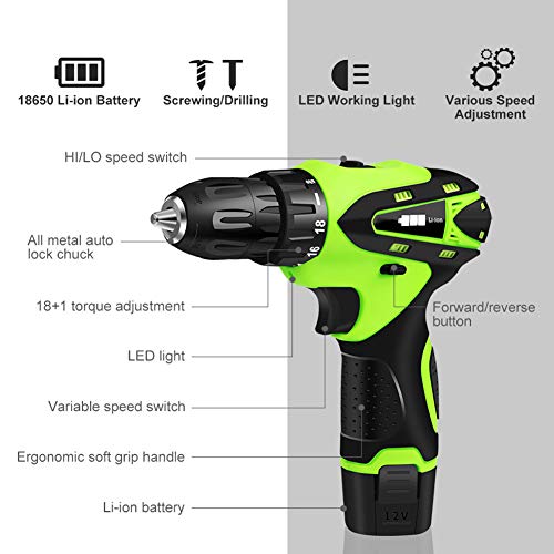 Taladro Inalámbrico Profesional De 12 V, Destornillador Eléctrico, Par Máximo De 32 Nm, Herramientas De Carpintería DIY De 2 Velocidades Con Baterías De Iones De Litio Y Luz LED,SET2