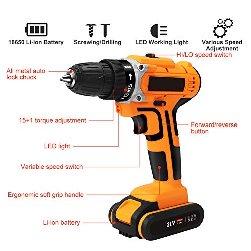 Taladro Inalámbrico Profesional De 21 V, Destornillador Eléctrico, 25 Accesorios, Con 15 + 1 Engranajes De Torque, Manija Ajustable De 2 Posiciones, Con 2 Baterías De Iones De Litio,SET1