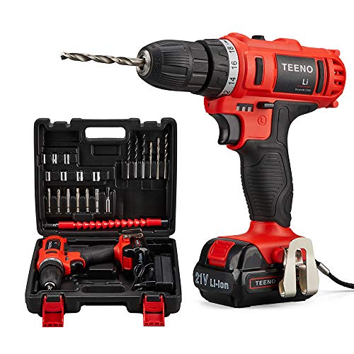 TEENO Taladro Atornillador 21V,1500mAh baterías, Taladro sin cable con luces led, 21 accesorios (Taladro y 1 batería)
