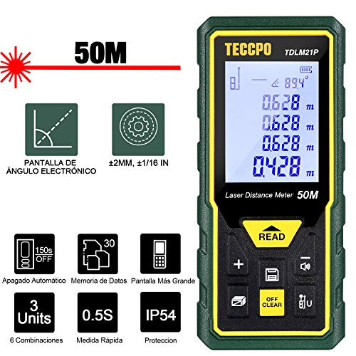 Telémetro láser 50m, TECCPO Medidor láser, Decoracion interior, Sensor de ángulo electrónico, m/in/ft/ft+in, Función de silencio, 30 Datos, Distancia, área, volumen de Pythagore, ángulo, IP54, TDLM21P