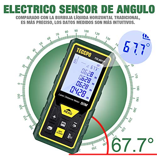 Telémetro láser 50m, TECCPO Medidor láser, Decoracion interior, Sensor de ángulo electrónico, m/in/ft/ft+in, Función de silencio, 30 Datos, Distancia, área, volumen de Pythagore, ángulo, IP54, TDLM21P