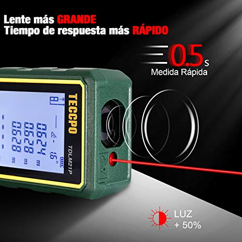 Telémetro láser 50m, TECCPO Medidor láser, Decoracion interior, Sensor de ángulo electrónico, m/in/ft/ft+in, Función de silencio, 30 Datos, Distancia, área, volumen de Pythagore, ángulo, IP54, TDLM21P