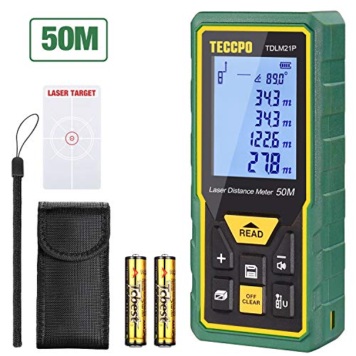 Telémetro láser 50m, TECCPO Medidor láser, Decoracion interior, Sensor de ángulo electrónico, m/in/ft/ft+in, Función de silencio, 30 Datos, Distancia, área, volumen de Pythagore, ángulo, IP54, TDLM21P