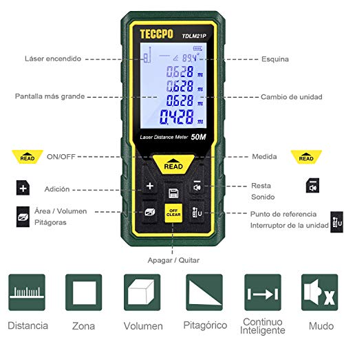 Telémetro láser 50m, TECCPO Medidor láser, Decoracion interior, Sensor de ángulo electrónico, m/in/ft/ft+in, Función de silencio, 30 Datos, Distancia, área, volumen de Pythagore, ángulo, IP54, TDLM21P