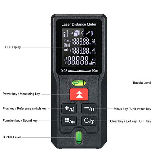 Telémetro láser, HD pantalla LCD con rango distancia de medida 0,05~40m±2.0 mm,IP 54 Prueba de Salpicaduras de Polvo y Agua,Adecuado para Medir Habitaciones,Apartamentos-40m