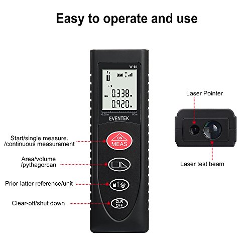 Telémetro Láser, Medidor Laser, Eventek 60m Mini Distanciómetro Láser Portátil Digital Área y Volumen para Habitaciones, Edificios, Fábricas, Almacenes