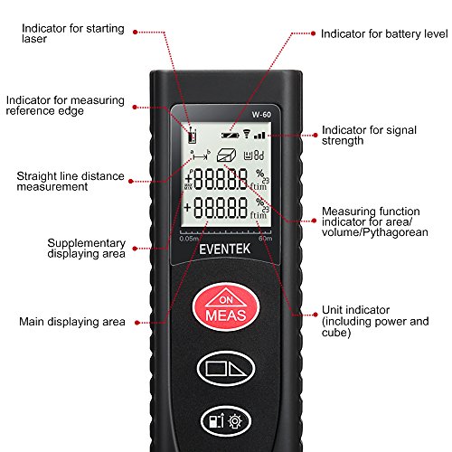 Telémetro Láser, Medidor Laser, Eventek 60m Mini Distanciómetro Láser Portátil Digital Área y Volumen para Habitaciones, Edificios, Fábricas, Almacenes