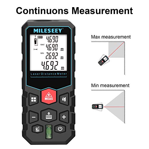 Telémetro láser, Mileseey Medidor Laser de Distancia con rango distancia de medida 0,05~40m /±1,5mm, pantalla retroiluminada LCD con burbujas de nivel Medidor Láser con función silencio