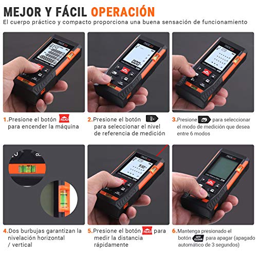 Telémetro láser, Tacklife HD 50m con rango distancia de medida 0,05~50m /±1,5mm, pantalla retroiluminada LCD con 2burbujas de nivel Medidor Láser con función silencio y rápida medición