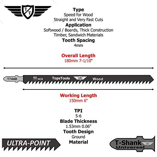 TopsTools JSTT744D T744D T744D - Cuchillas de sierra de corte de madera de 180 mm de largo, limpias y rápidas, compatibles con Bosch, Dewalt, Makita, Milwaukee y muchos más