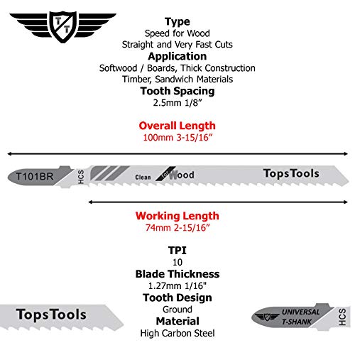 TopsTools T101BR - Cuchillas de sierra de corte inverso, compatibles con Bosch, Dewalt, Makita, Milwaukee y muchos más