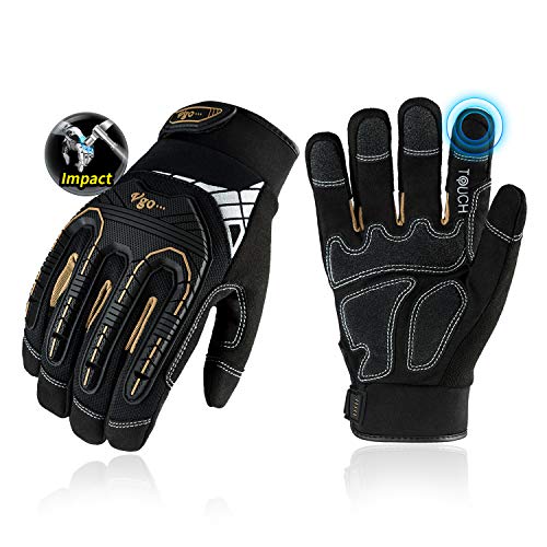 Vgo 1 Par Guantes de Trabajo de Cuero Sintético de Alta Resistencia, Guantes Mecánicos contra Impactos, Alta Destreza, Reducción de Vibraciones, Pantalla Táctil (9/L, Negro, SL8849)