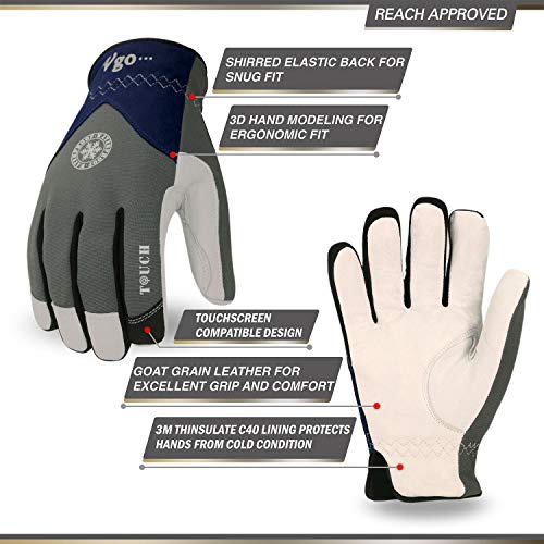 Vgo 2Pares 0℃ o superior 3M Thinsulate C40 Guantes de Trabajo de Invierno Palma de Cuero de Cabra, Multifuncional (8/M, Gris/Azul,GA8977FW)