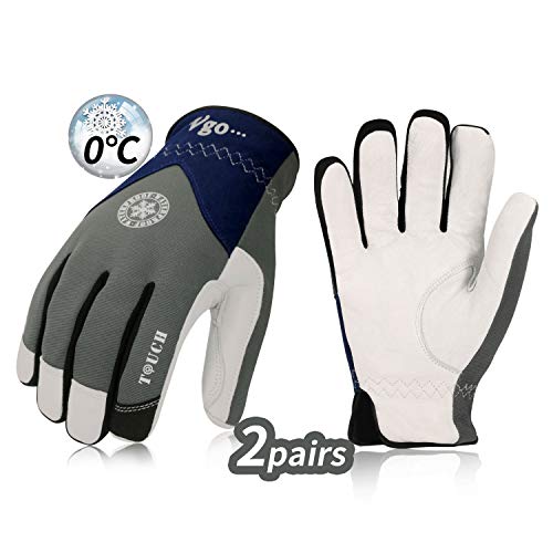 Vgo 2Pares 0℃ o superior 3M Thinsulate C40 Guantes de Trabajo de Invierno Palma de Cuero de Cabra, Multifuncional (8/M, Gris/Azul,GA8977FW)