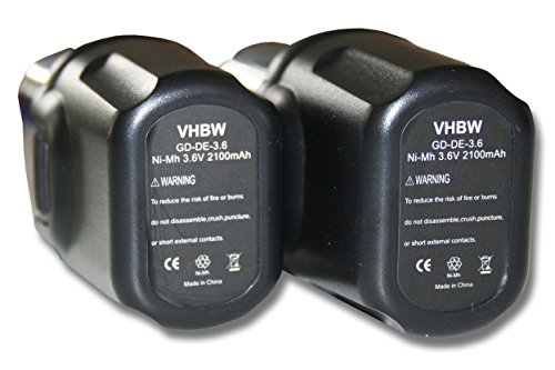 vhbw 2x batería Ni-MH 2100mAh (3.6V) para herramienta Dewalt DC600 Screwdriver destornillador y Dewalt DE9054, DE9054-XJ.