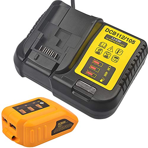 WOODS DCB112 DCB105 Li-ion Cargador de batería y DCB090 Fuente de alimentación USB/cargador USB para baterías XR de 10.8V, 14.4V, 18V y 20V Max