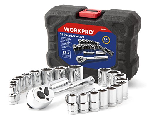 WORKPRO 24 Piezas- Juego de llaves de vaso con carraca de 3/8 ", Juego de Llaves de Vaso Cr-V, incluye Llave de Trinquete,Ideal para bricolaje, reparación de automóviles