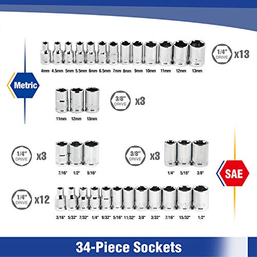 WORKPRO 39 Piezas-Juego de Llaves de Vaso 1/4 '' 3/8 '' Pulgadas, Juego de Llaves Métricas e Imperiales de Alta Calidad CR-V, Barra de Extención y Trinquete, Maletín Plástico