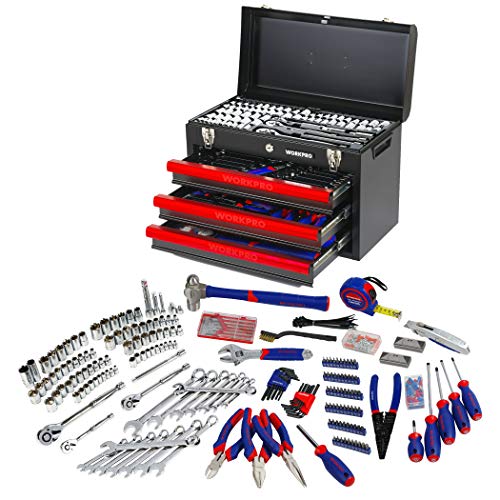 WORKPRO 408piezas Juego de herramientas mecánicas, Caja de herramientas completa para mecánicos con 3 cajones, caja de herramientas con caja de metal resistente