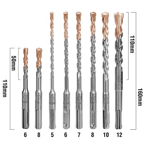 WORKPRO 8 Piezas Juego de Brocas SDS Plus, Taladro SDS, Caja de Transporte，Brocas Ø 5/6/7/8/10/12 mm para Ladrillos, Hormigón, Piedras y Cemento