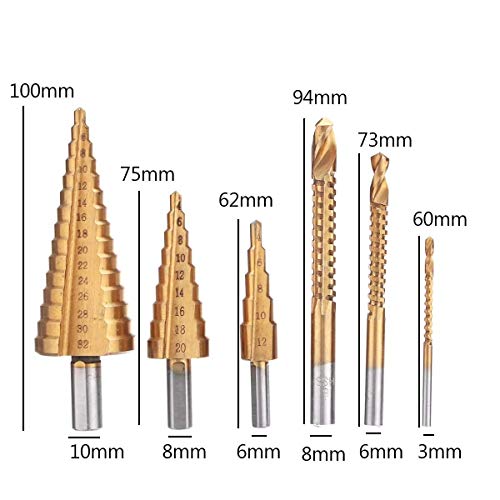 YASE-king Taladro 6pcs Cono reducido vástago de la broca de perforación bits puestos Paso de perforación con una sierra de perforación Taladros Set Accesorios