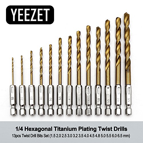 YEEZET 13 piezas HSS 1/4 " Varilla hexagonal Juego de brocas helicoidales Cubierto de titanio 1,5 mm - 6,5 mm Cambio rápido Y008-03