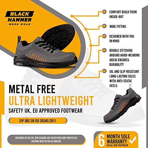 Zapatos de Seguridad para Hombres Flynit no Libres de Metal S1P SRC Ultraligero Puntera de Compuesto Kevlar Suela Intermedia 2222 Black Hammer (48 EU)