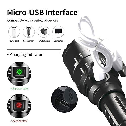 Zhexundian Linterna LED, 65.000 lúmenes LED Linterna táctica, USB Ultra Brillante Impermeable Recargable Light Scout, la antorcha de Caza Ligero, 5 Modos