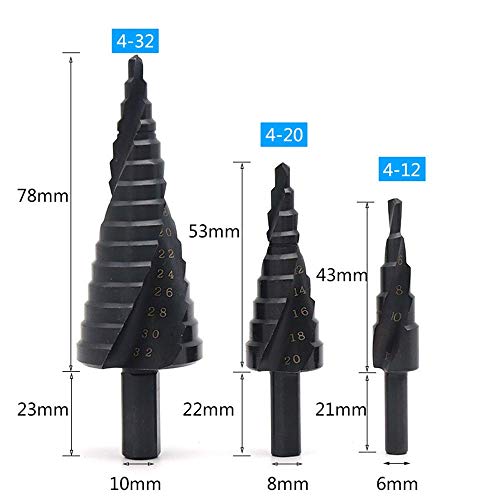 ZJN-JN Brocas, 3 piezas de titanio Bit Paso Taladro Set, 4-12/4-20/4-32mm acero HSS de alta velocidad Cono recto Groove agujero triángulo vástago de perforación del agujero de corte de plástico, m