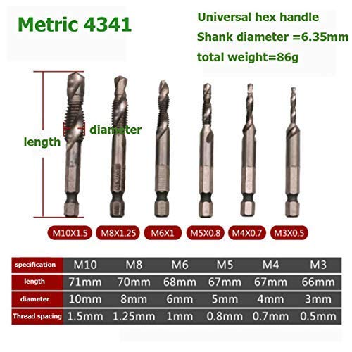 ZJN-JN Brocas, Métricas HSS 4341 Taladro combinación y la herramienta de mano Tap Bit Set fraccional M30.5, M40.7, M50.8, M61, M81.25, M101.5 Hex Shank y herramienta de empalme flauta espiral del kit